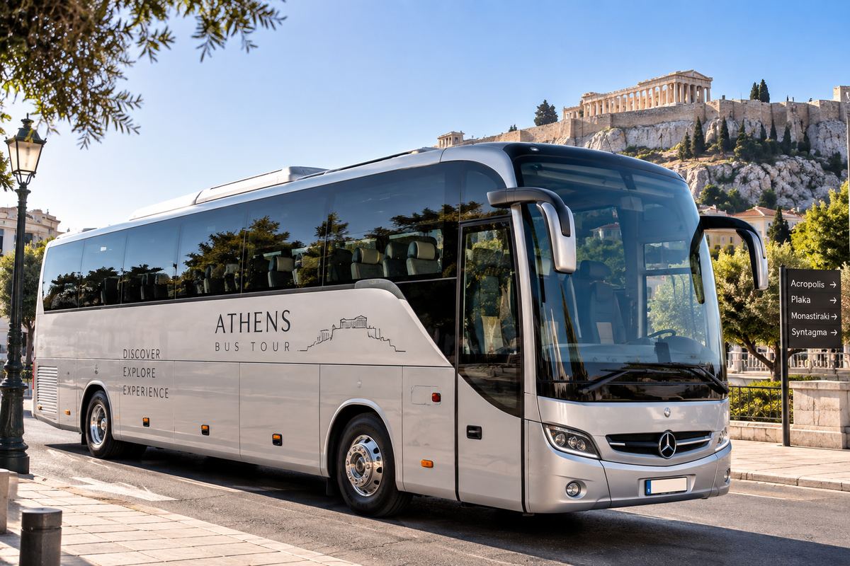 The tour coach waiting below the Acropolis