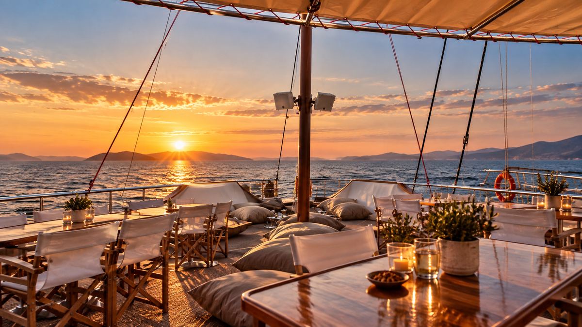 Sunset over the Saronic Gulf from the deck, on the crossing to Aegina