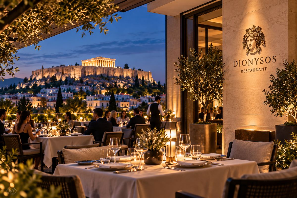 Evening dining at Dionysos, with the illuminated Acropolis beyond