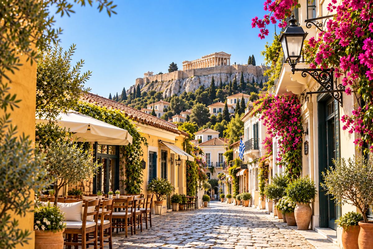 A cobbled lane in Plaka climbing towards the Acropolis